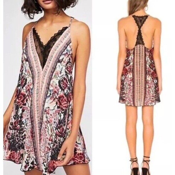 Intimately Free People Love Bird Mini Dress Womens XS Printed Lace Trim Boho - Picture 1 of 16